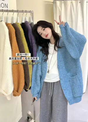 1760549797366 高克重燈籠袖寬鬆羊駝毛開衫保暖毛衣(含6%羊毛)