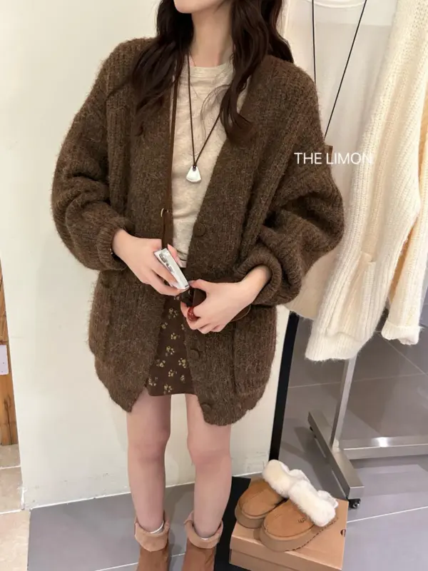 高克重燈籠袖寬鬆羊駝毛開衫保暖毛衣（含6%羊毛）