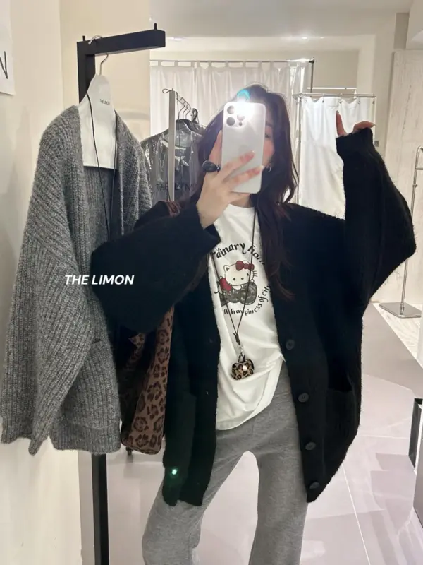 高克重燈籠袖寬鬆羊駝毛開衫保暖毛衣（含6%羊毛）