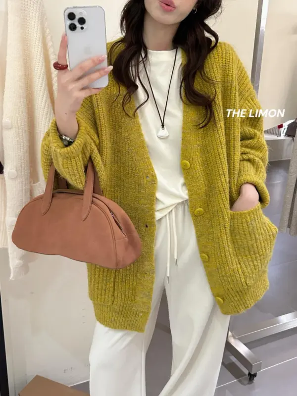 高克重燈籠袖寬鬆羊駝毛開衫保暖毛衣（含6%羊毛）