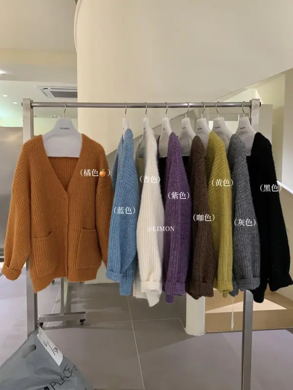 高克重燈籠袖寬鬆羊駝毛開衫保暖毛衣（含6%羊毛）