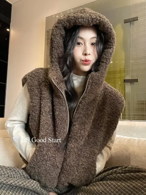 秋冬甜美百搭羊羔毛連帽馬甲短外套