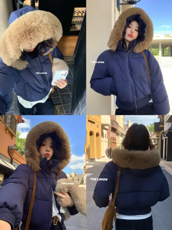 大毛領毛短款顯高麵包服保暖棉服外套(配可拆人造毛毛領)