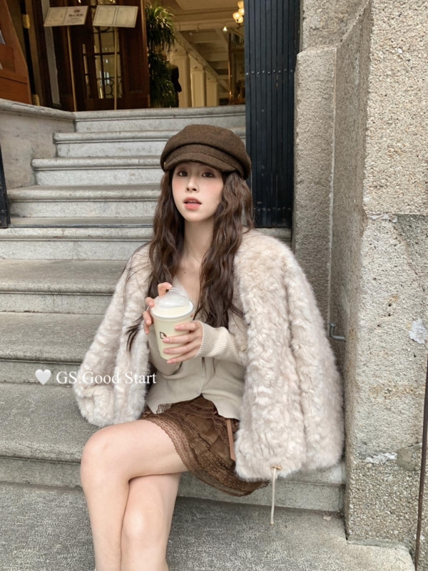 冬季復古法千金感毛毛短款環保皮短外套