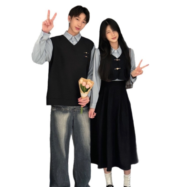 秋冬季情侶裝學院風假兩件式法式復古連衣裙