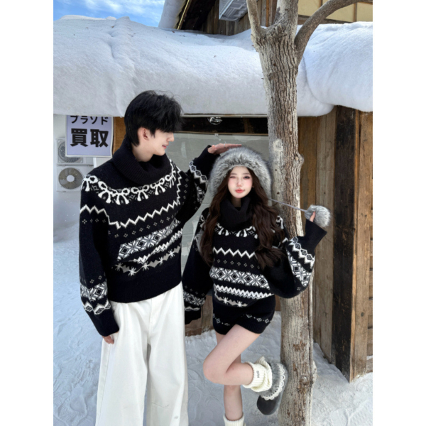 情侶裝美式復古高領毛衣提花針織衫