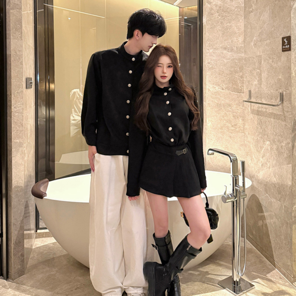 長袖千風情侶裝收腰連衣裙男襯衫