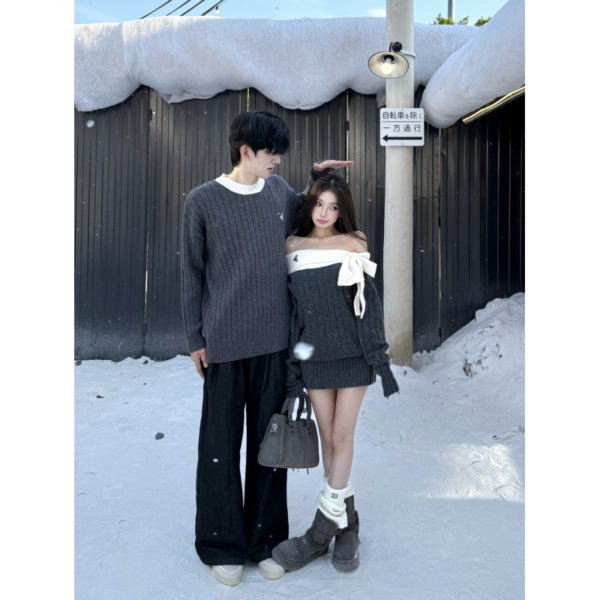 情侶裝一字領毛衣針織連衣裙