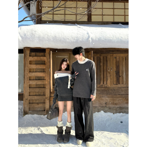 情侶裝一字領毛衣針織連衣裙