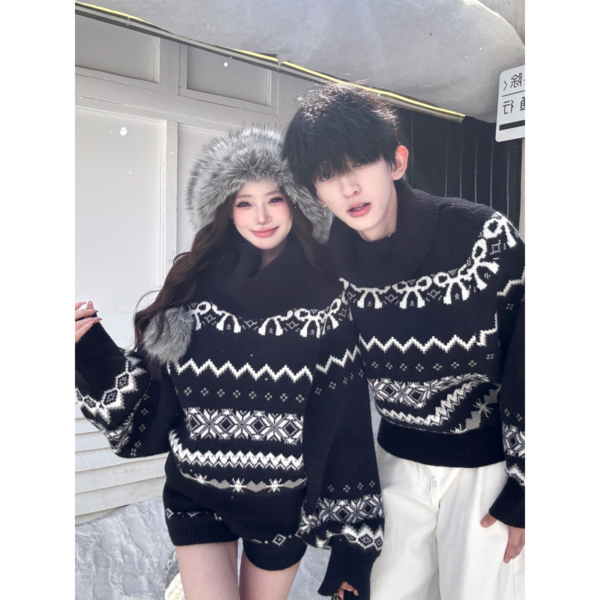 情侶裝美式復古高領毛衣提花針織衫