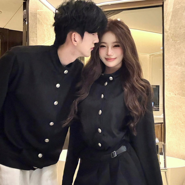 長袖千風情侶裝收腰連衣裙男襯衫