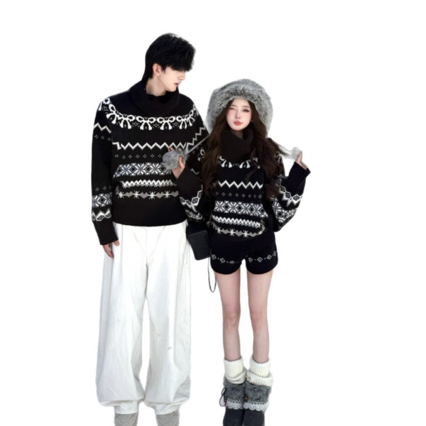 情侶裝美式復古高領毛衣提花針織衫