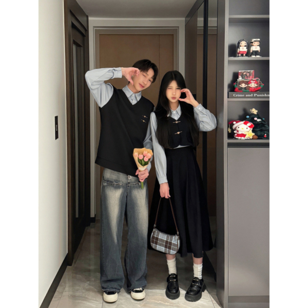 秋冬季情侶裝學院風假兩件式法式復古連衣裙