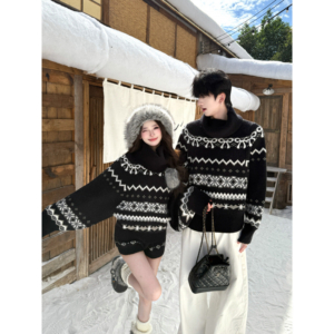 情侶裝美式復古高領毛衣提花針織衫