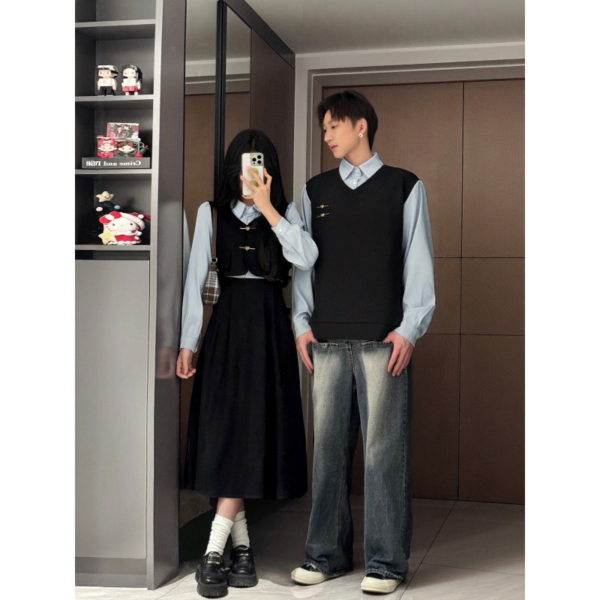 秋冬季情侶裝學院風假兩件式法式復古連衣裙